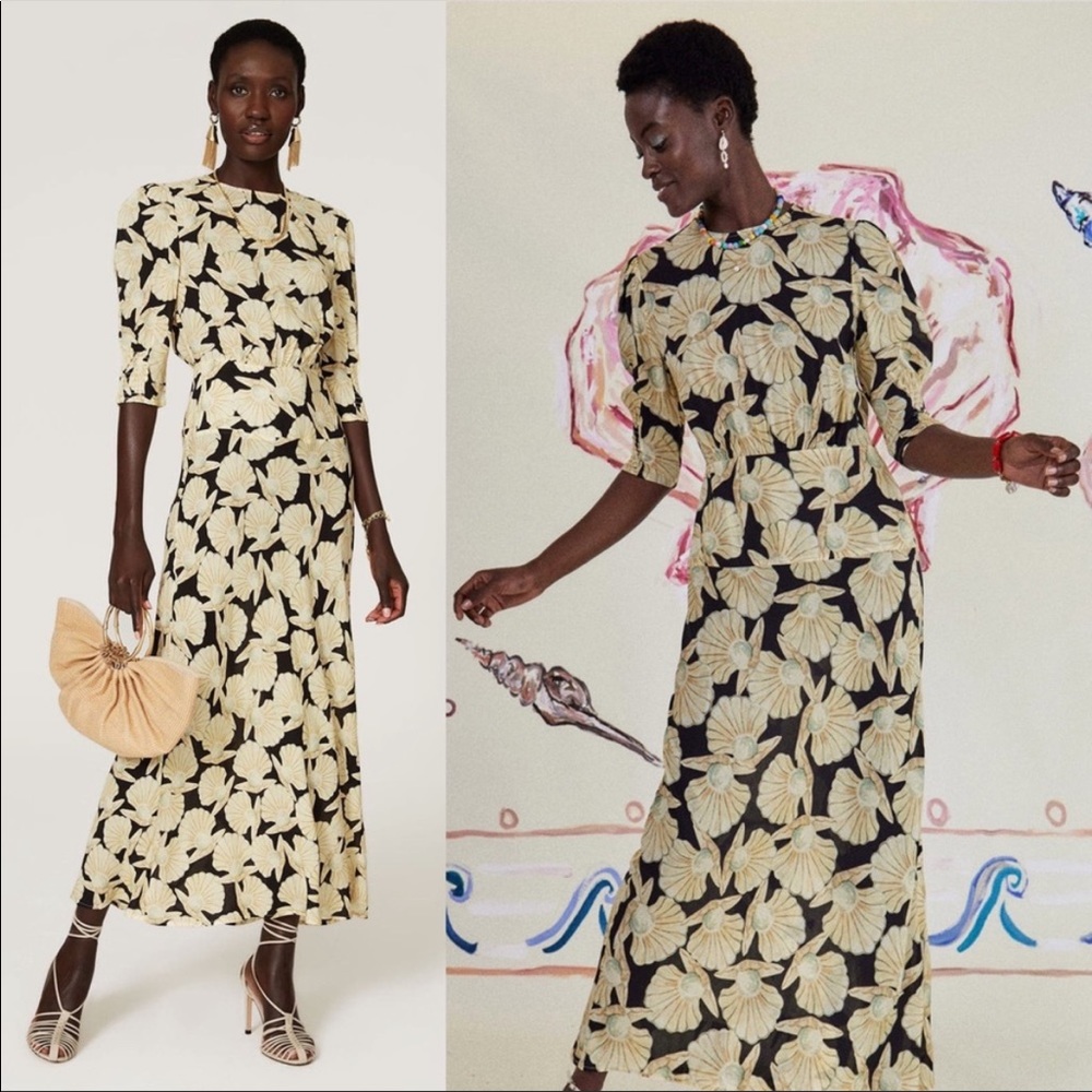 RIXO Black and Cream Leaf Print Midi Dress